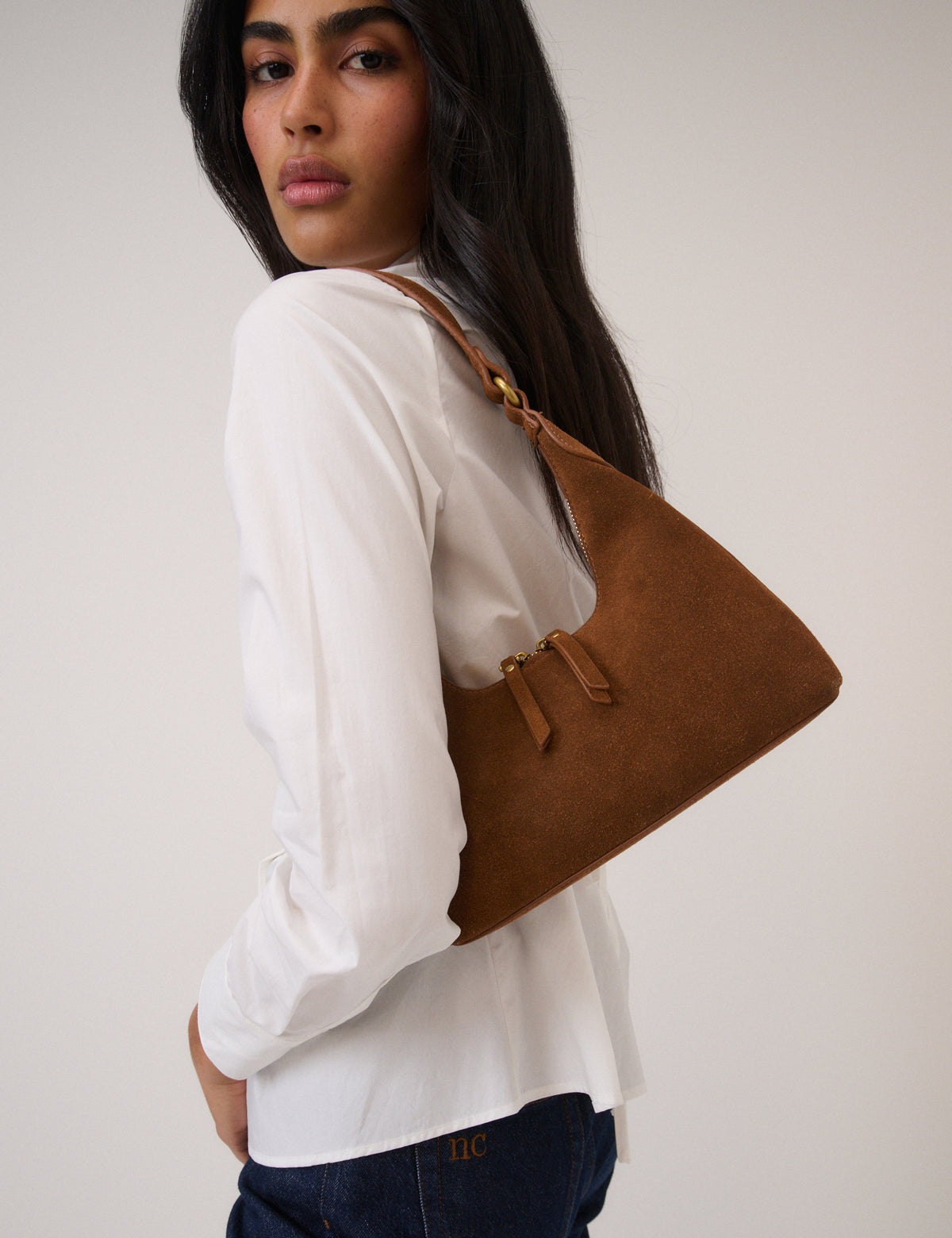 Tan Suede Dipped Shoulder Bag