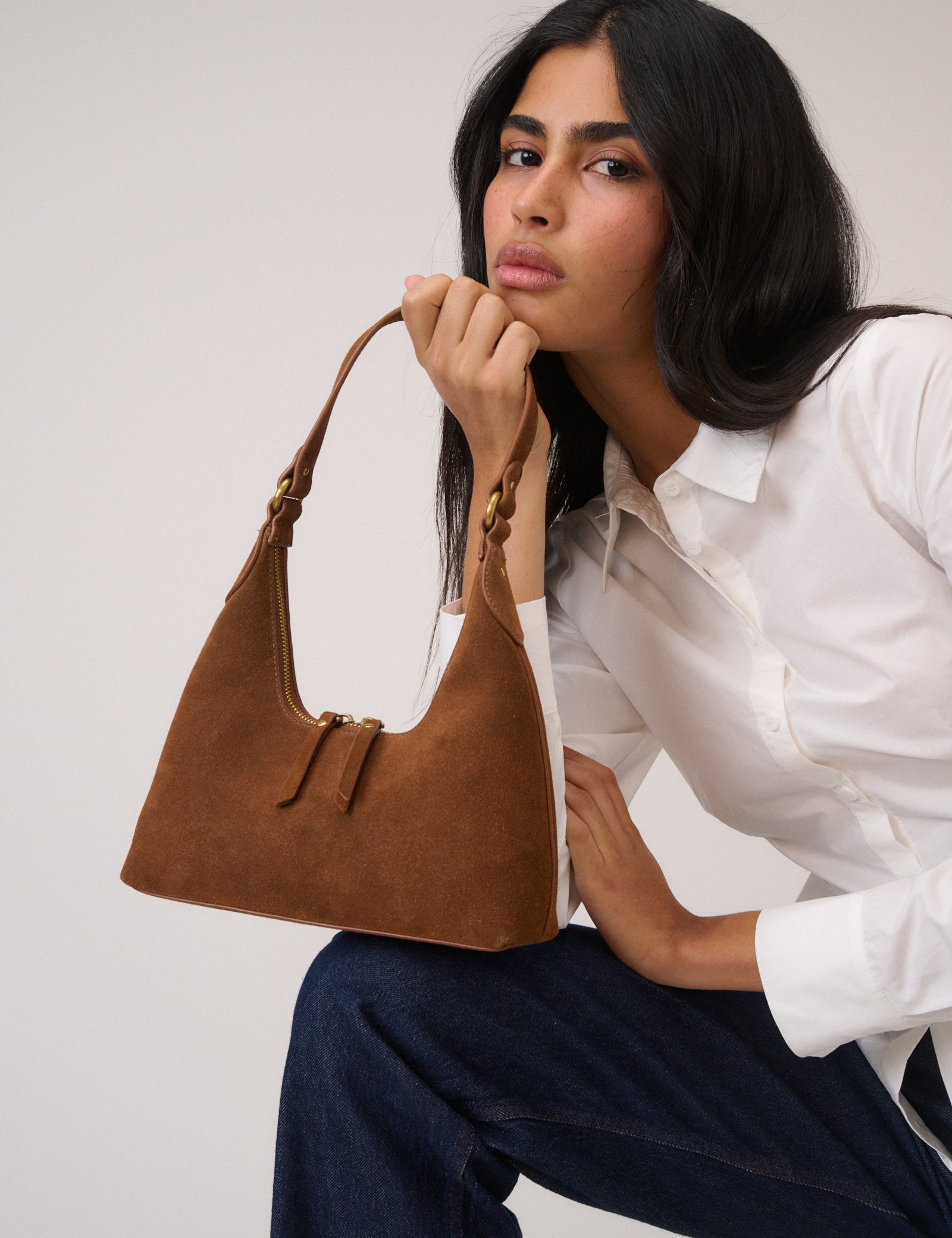 Tan Suede Dipped Shoulder Bag