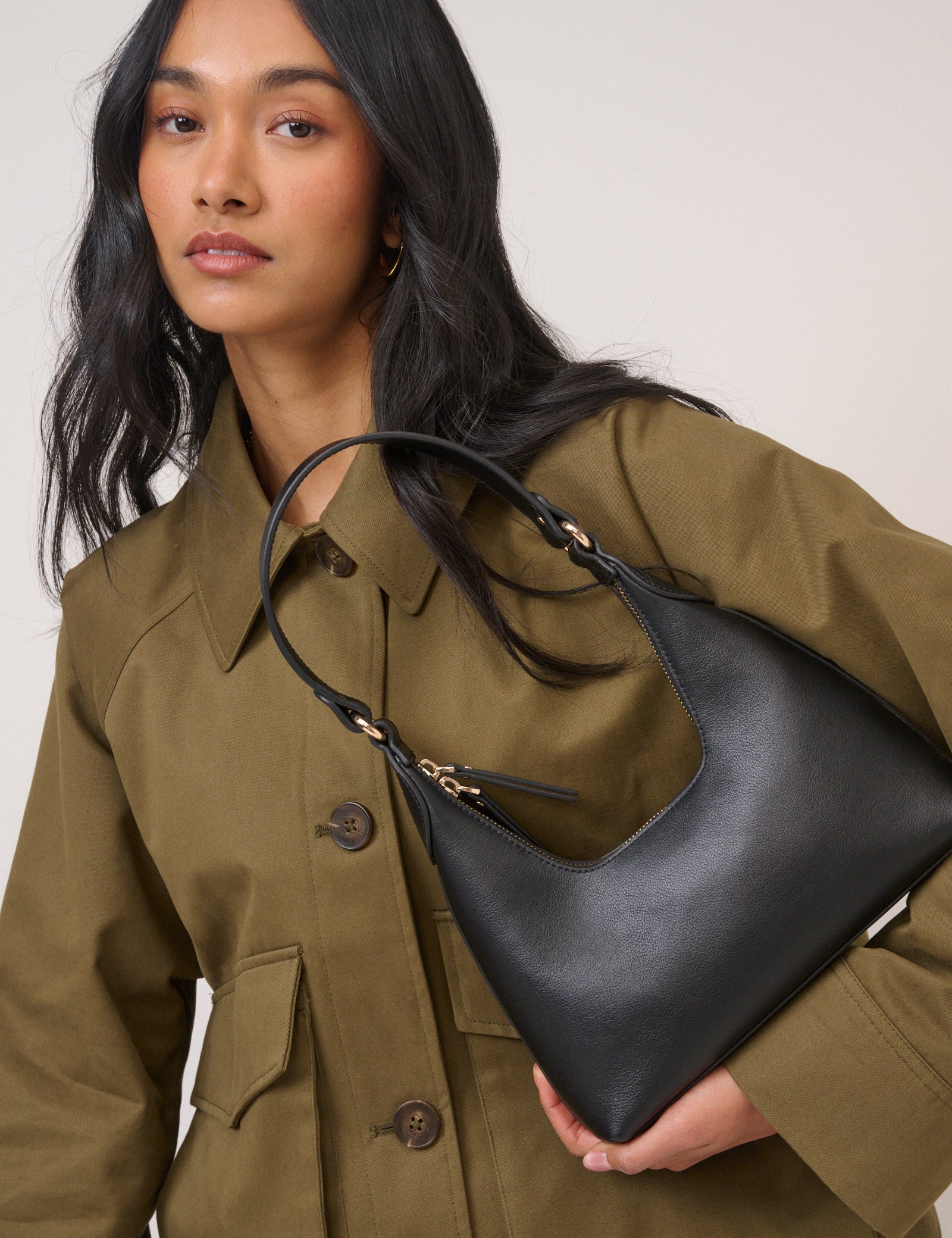 Black Leather Dipped Shoulder Bag