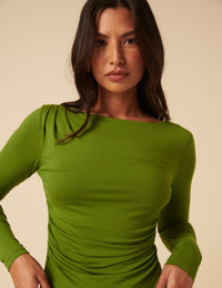 Green Ruched Long Sleeve Jersey Top