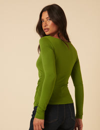 Green Ruched Long Sleeve Jersey Top
