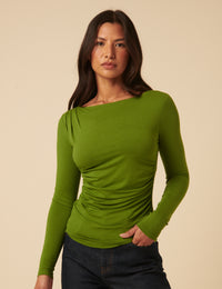 Green Ruched Long Sleeve Jersey Top