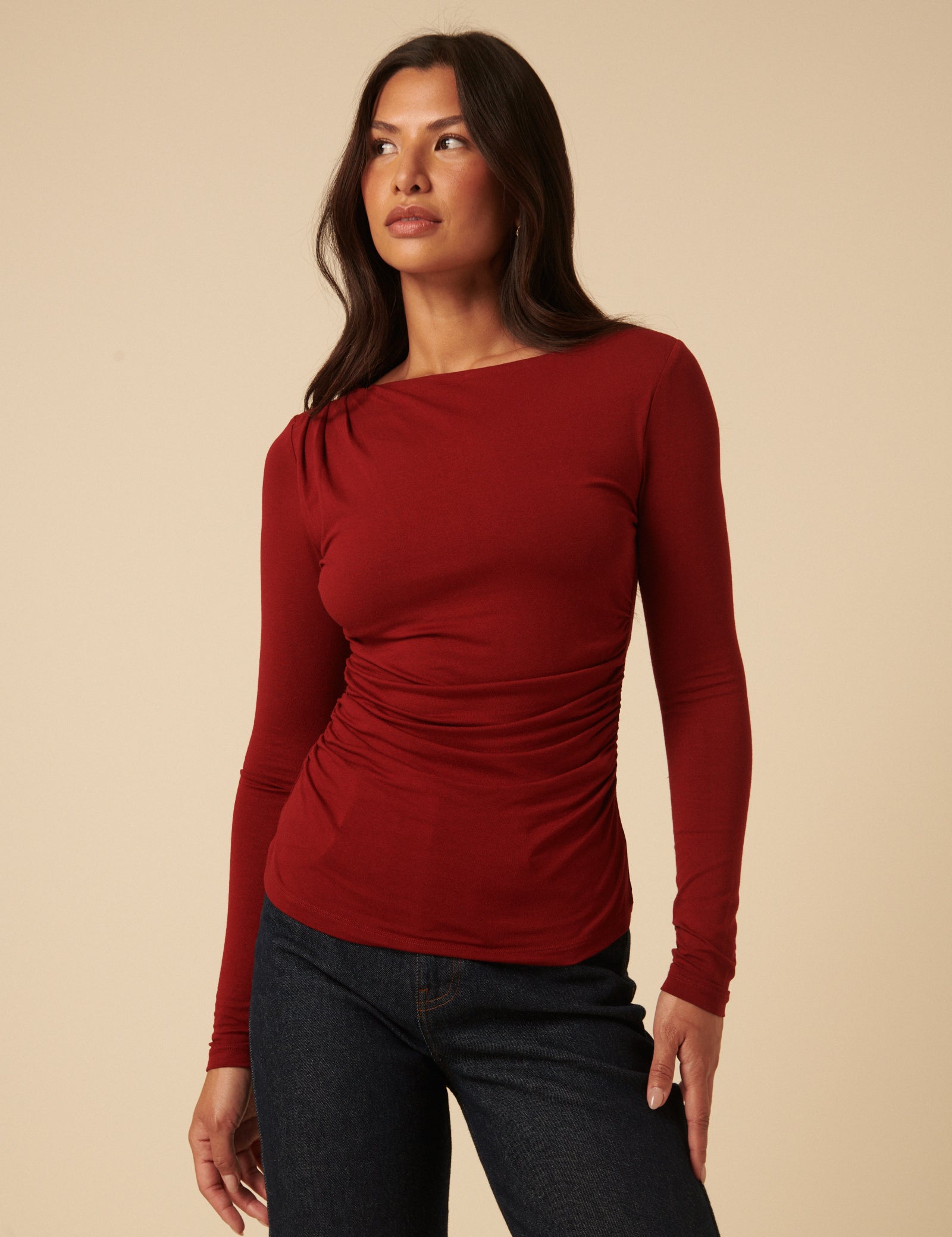 Red Ruched Long Sleeve Jersey Top