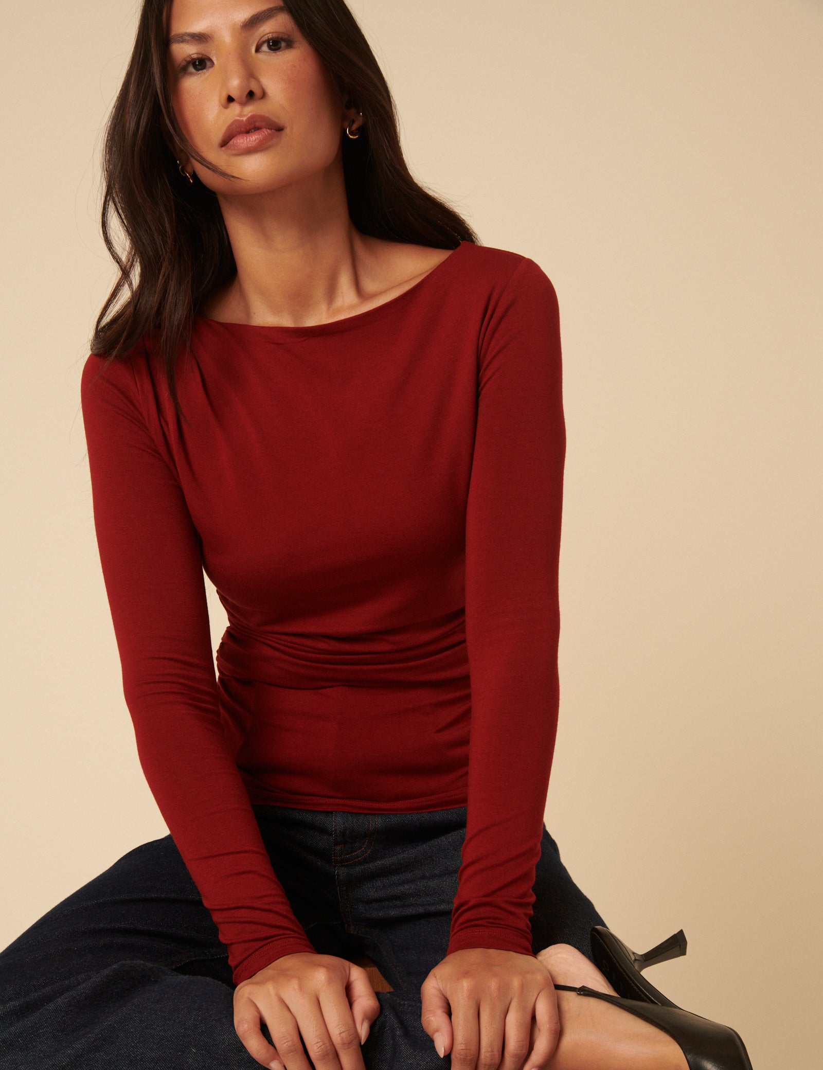 Red Ruched Long Sleeve Jersey Top