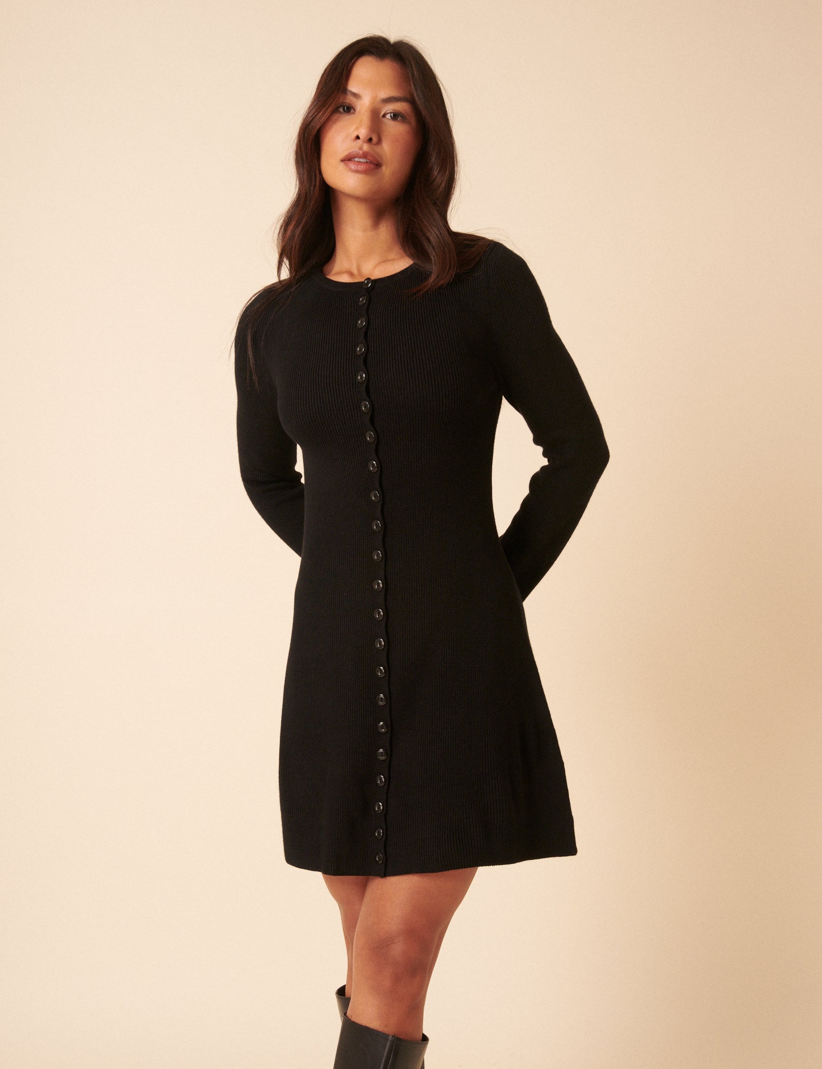 Black Long Sleeve Button Through Knitted Mini Dress