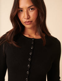 Black Long Sleeve Button Through Knitted Mini Dress