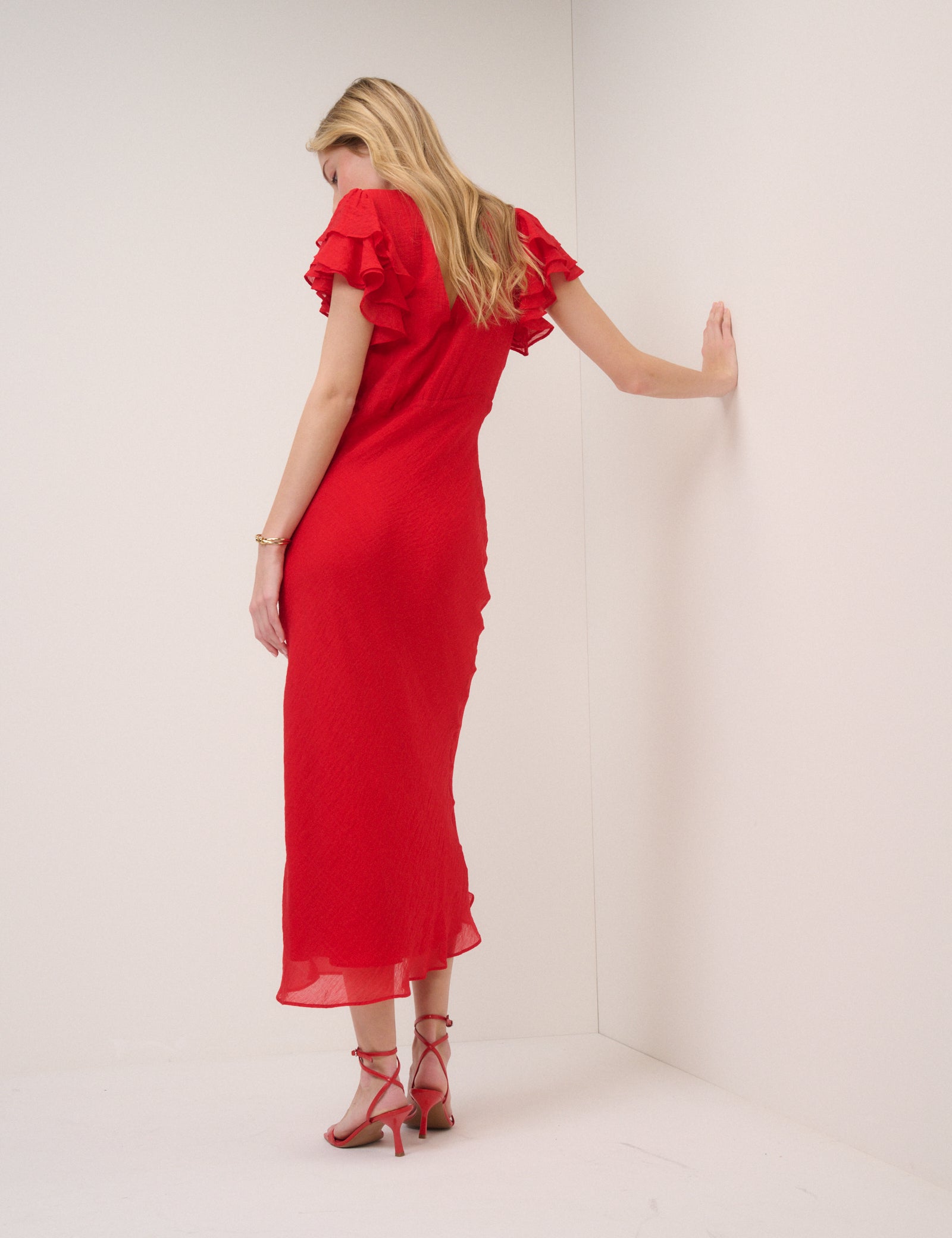 Red Frill Sleeve Lola Midi Dress