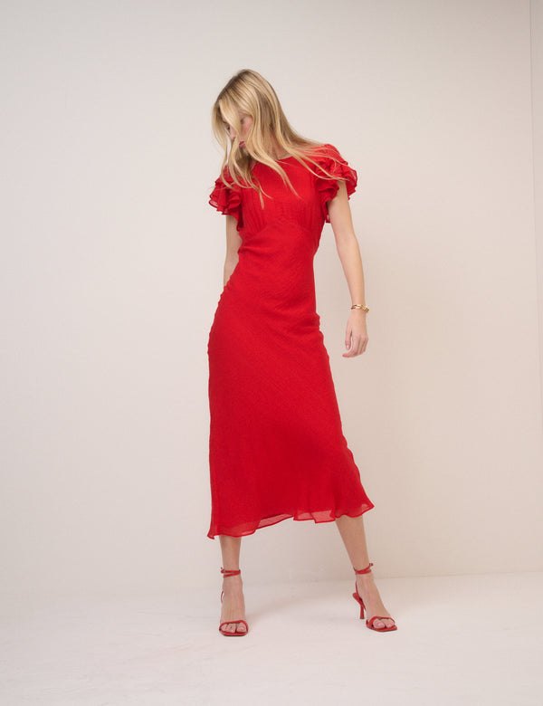 Red Frill Sleeve Lola Midi Dress