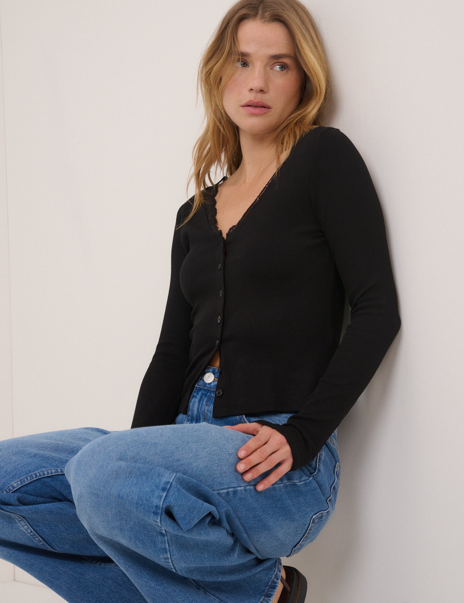 Black Lace Trim Jersey Cardigan