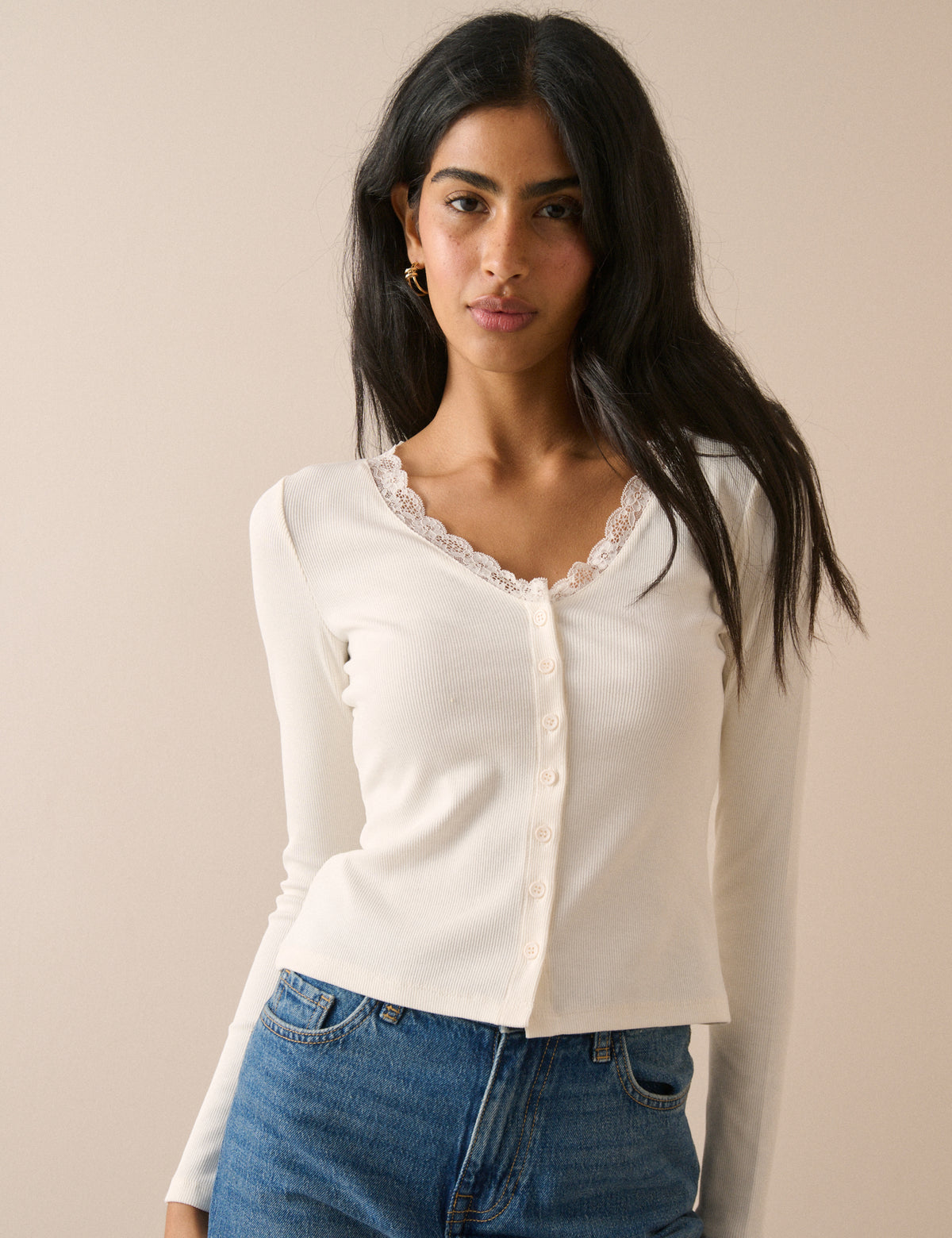 Cream Lace Trim Rib Cardigan