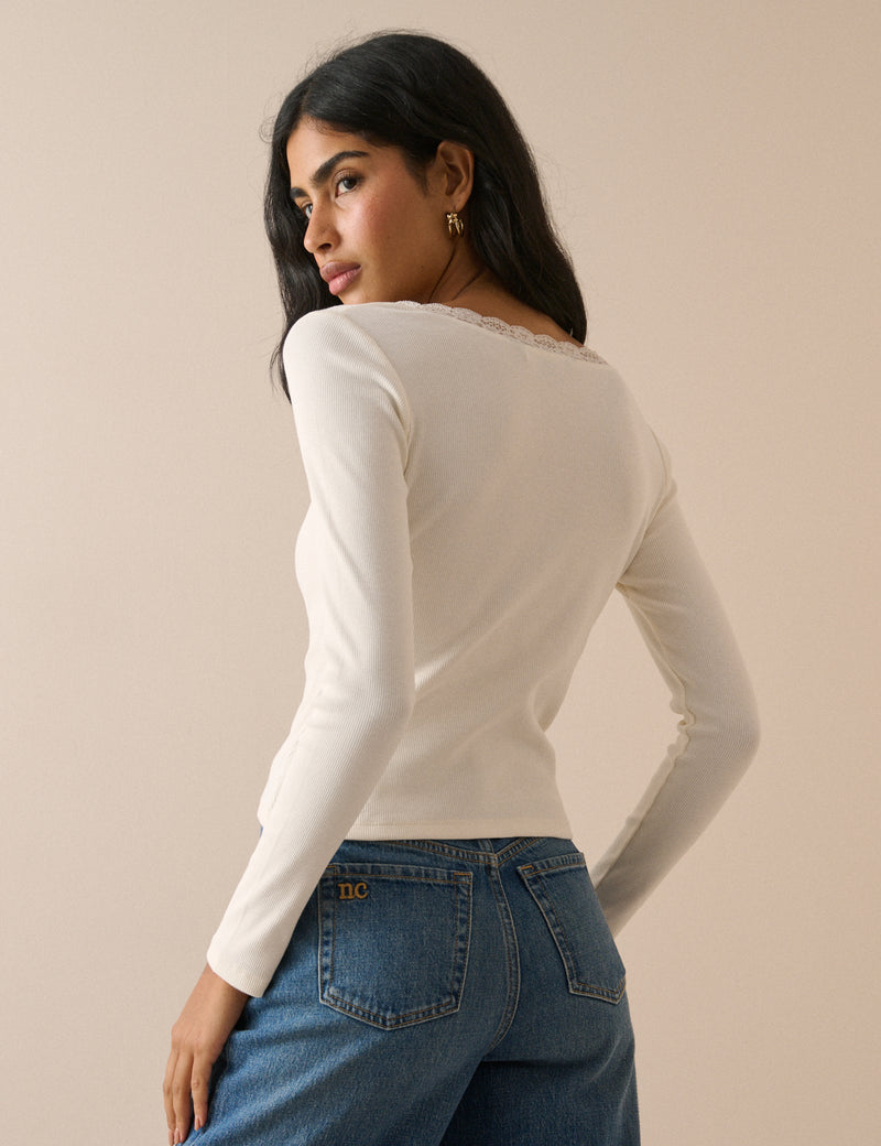 Cream Lace Trim Rib Cardigan