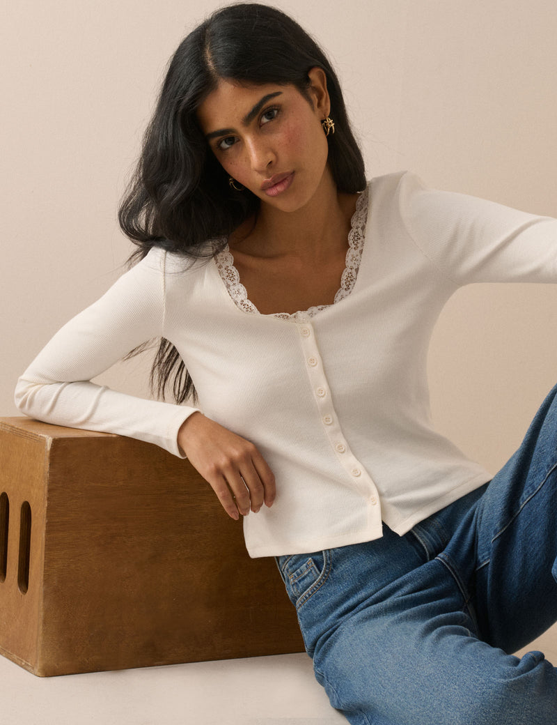 Cream Lace Trim Rib Cardigan