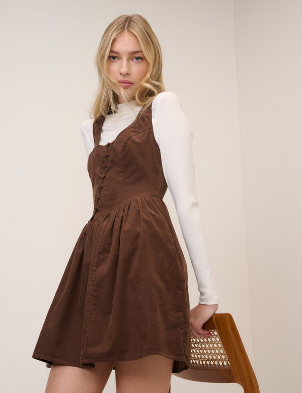Brown Cord Cora Mini Pinafore Dress