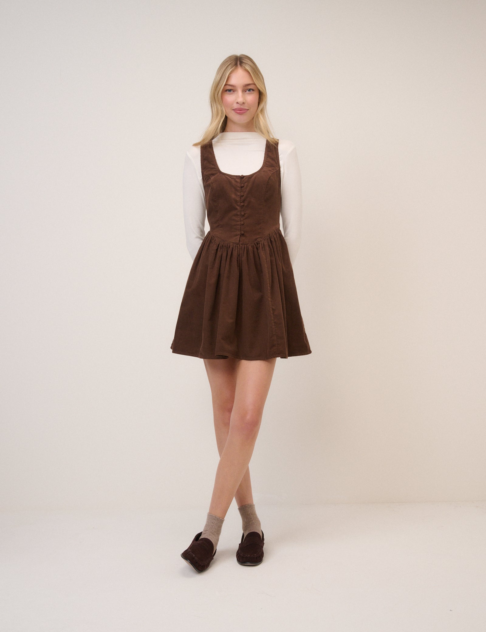 Brown Cord Cora Mini Pinafore Dress