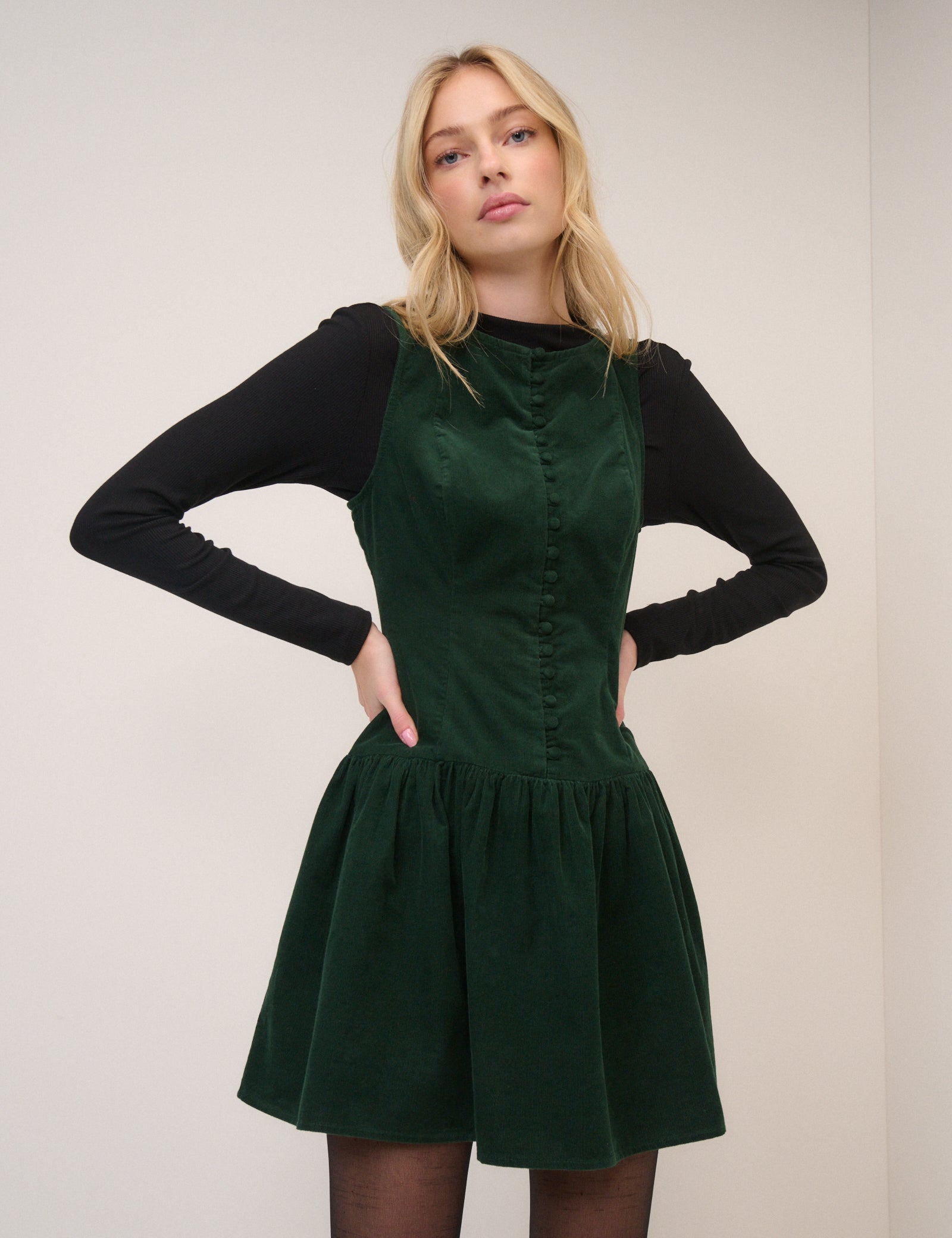 Forest Green Cord Claudia Mini Pinafore Dress