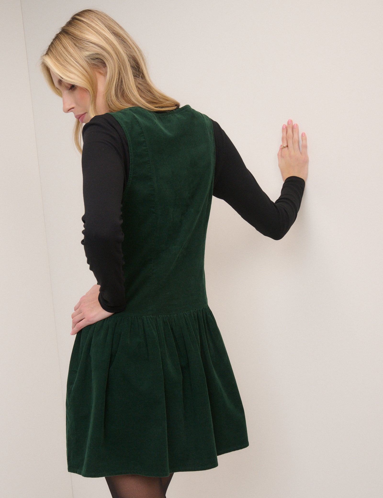 Forest Green Cord Claudia Mini Pinafore Dress