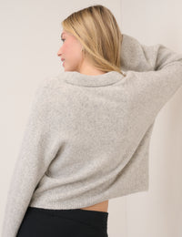 Grey Open Collar Polo Knitted Jumper