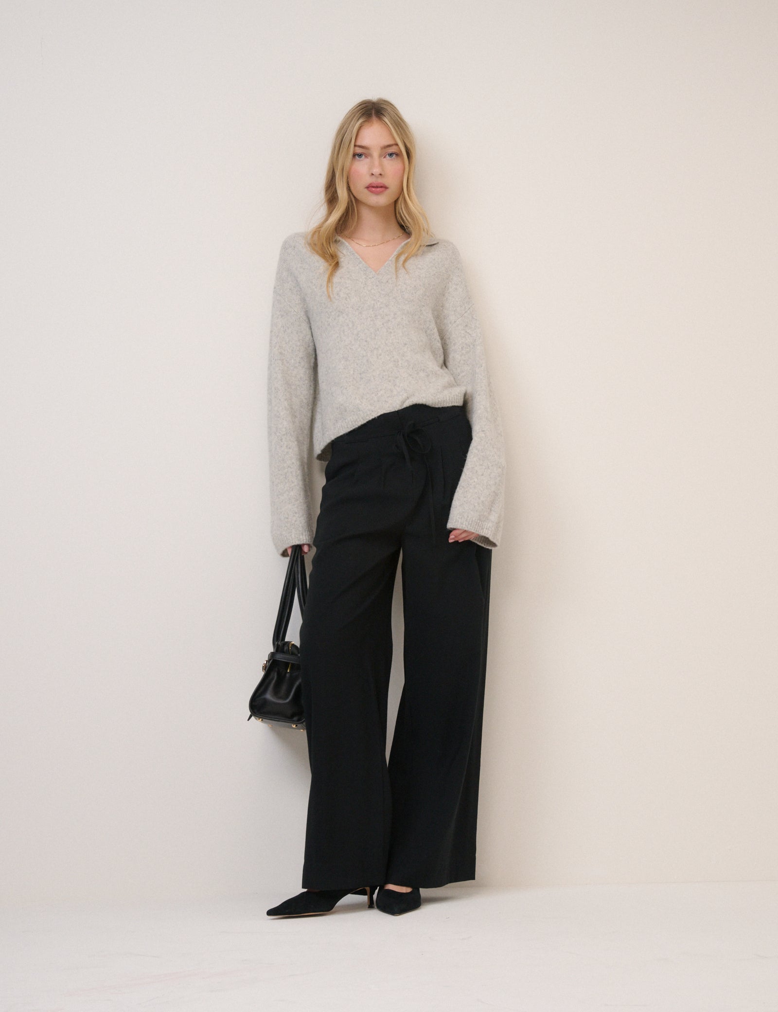 Grey Open Collar Polo Knitted Jumper