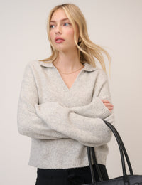 Grey Open Collar Polo Knitted Jumper