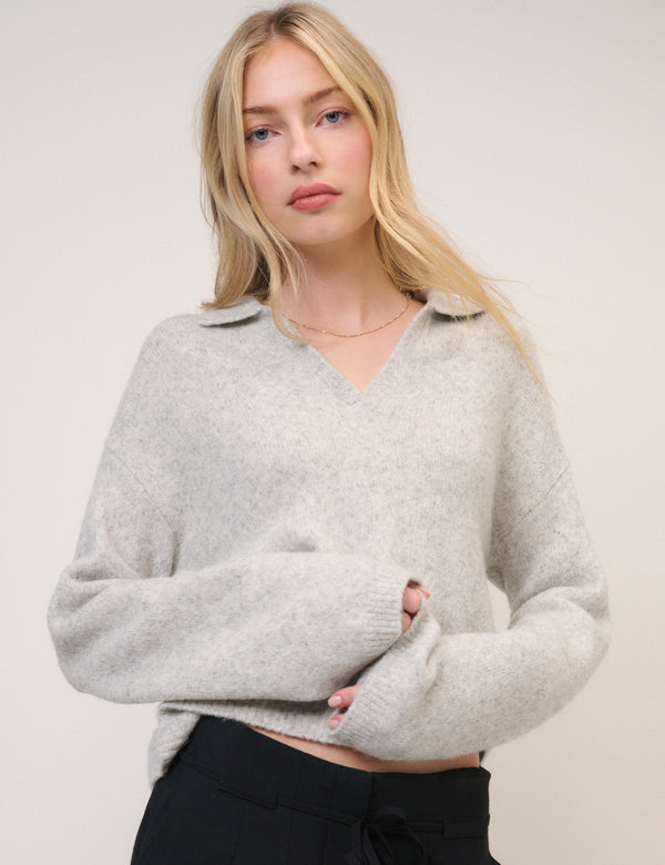 Grey Open Collar Polo Knitted Jumper