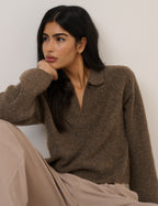 Brown Open Collar Polo Knitted Jumper