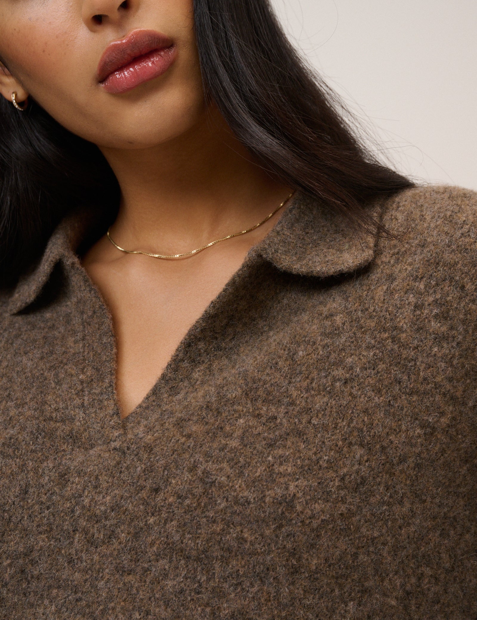 Brown Open Collar Polo Knitted Cardigan