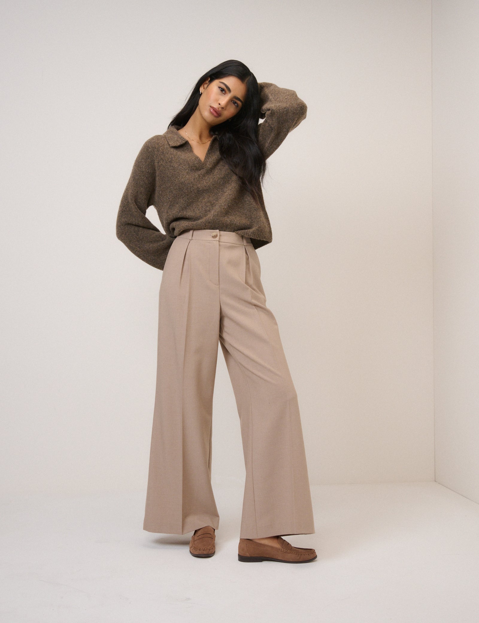 Brown Open Collar Polo Knitted Cardigan