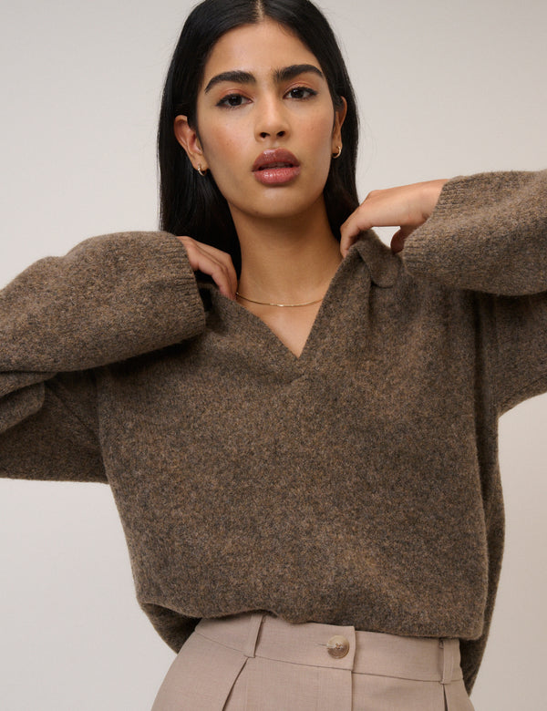 Brown Open Collar Polo Knitted Cardigan