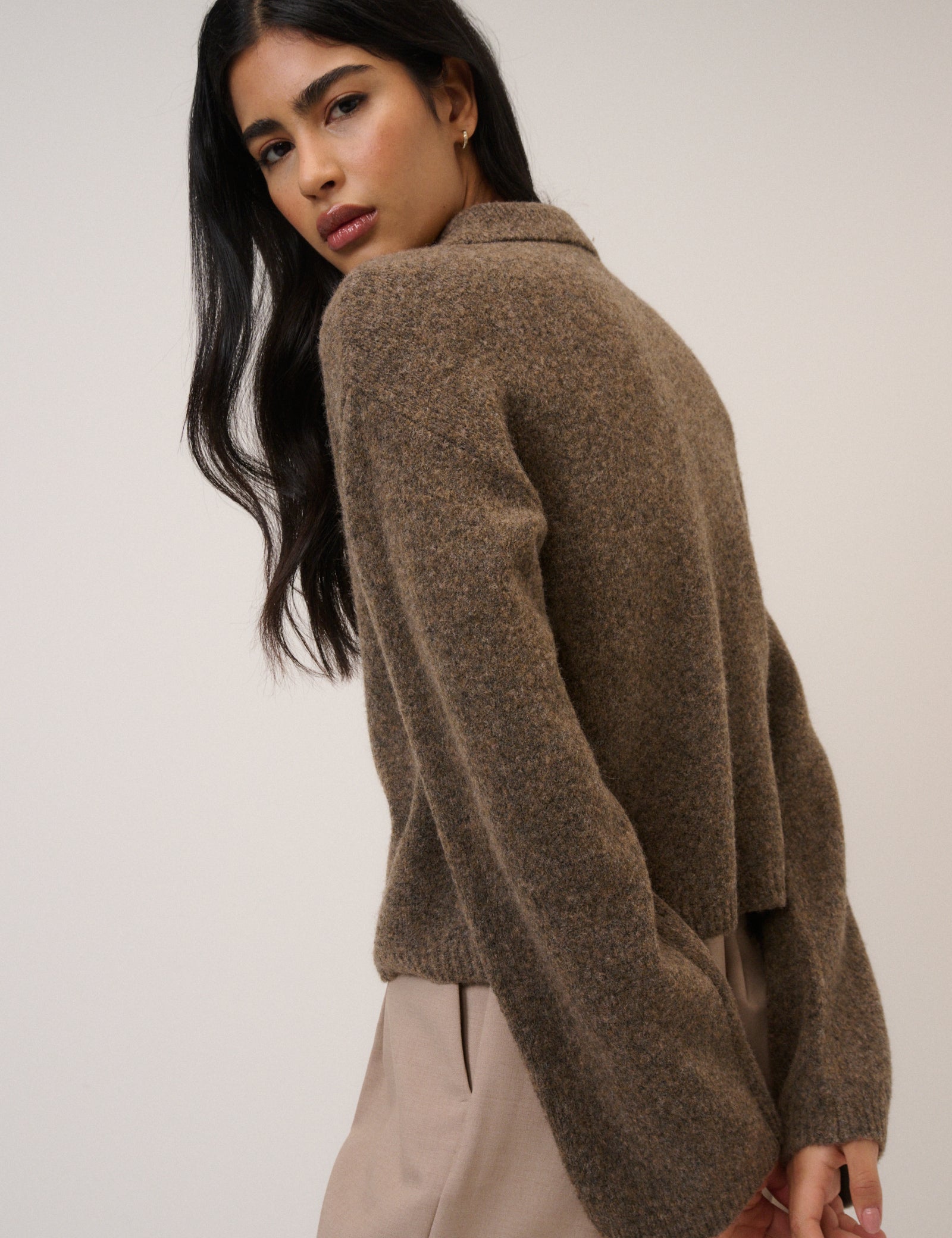 Brown Open Collar Polo Knitted Cardigan