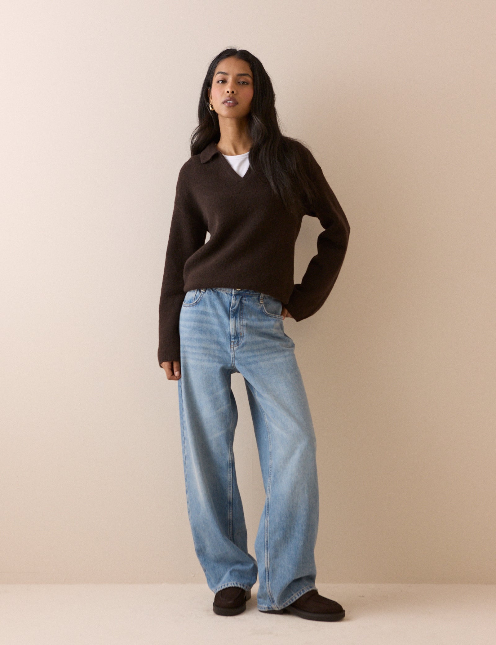 Brown V-neck Collared Jumper