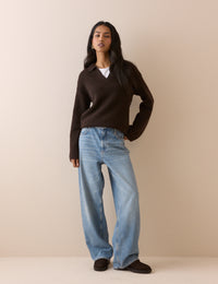 Brown V-neck Collared Jumper