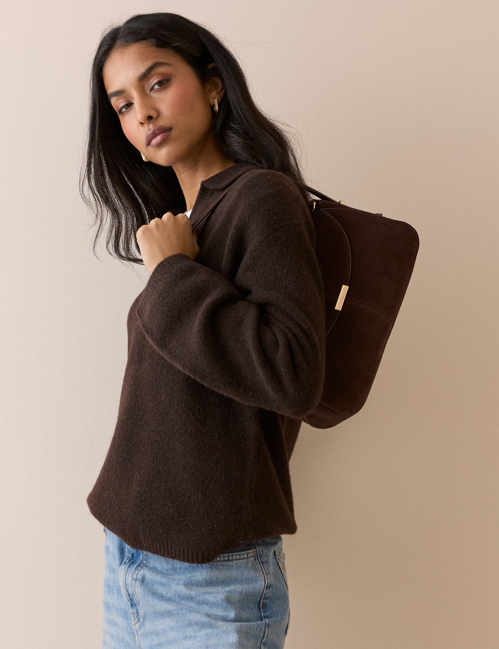 Brown V-neck Collared Jumper