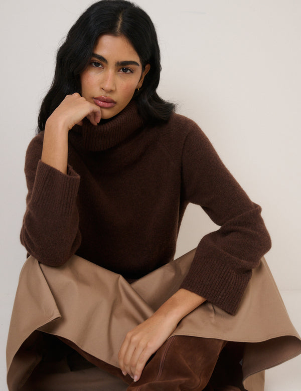 Chocolate Brown Roll Neck Relaxed Fit Jumper