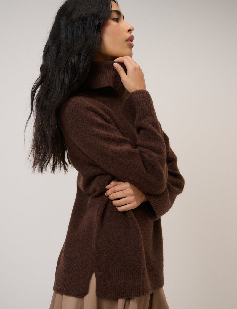 Chocolate Brown Roll Neck Longline Jumper