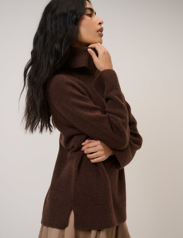 Chocolate Brown Roll Neck Relaxed Fit Jumper