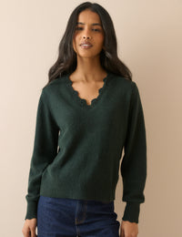 Green Wool-Blend Crochet Trim Jumper