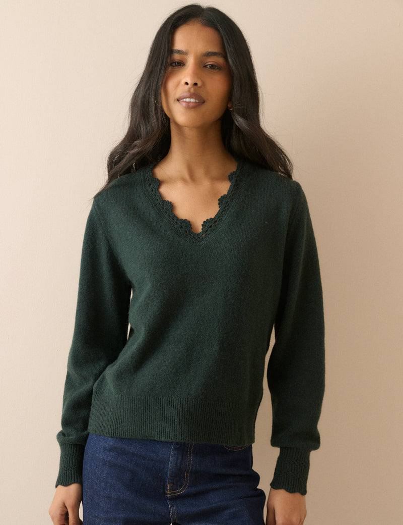 Green Wool-Blend Crochet Trim Jumper