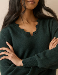 Green Wool-Blend Crochet Trim Jumper