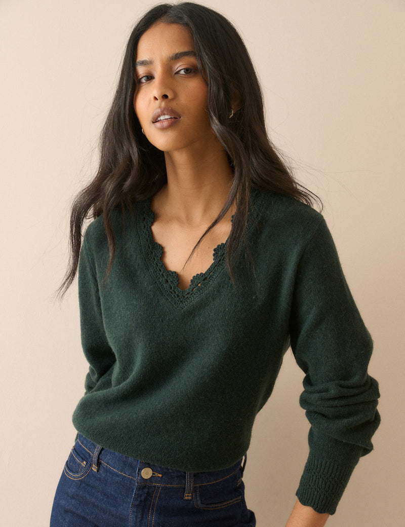 Green Wool-Blend Crochet Trim Jumper