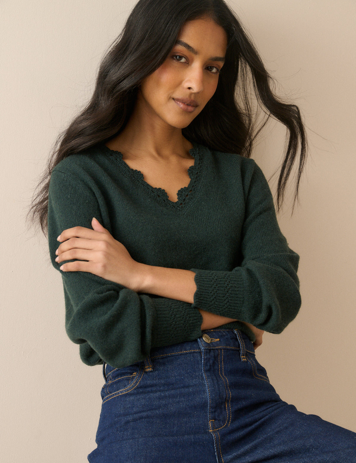 Green Wool-Blend Crochet Trim Jumper