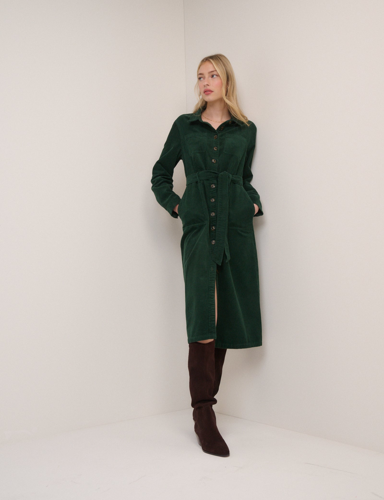 Green Cord Tie Waist Lizzy Midi Dress