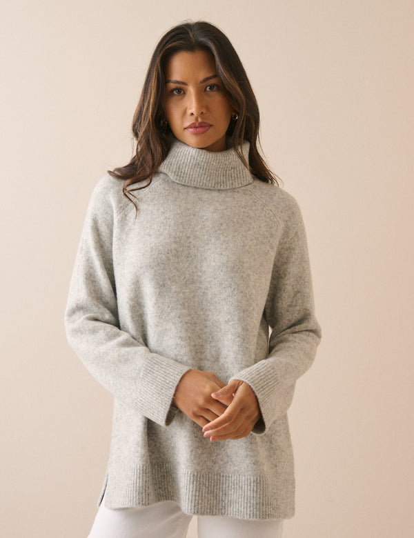 Grey Marl Roll-Neck Oversized Jumper