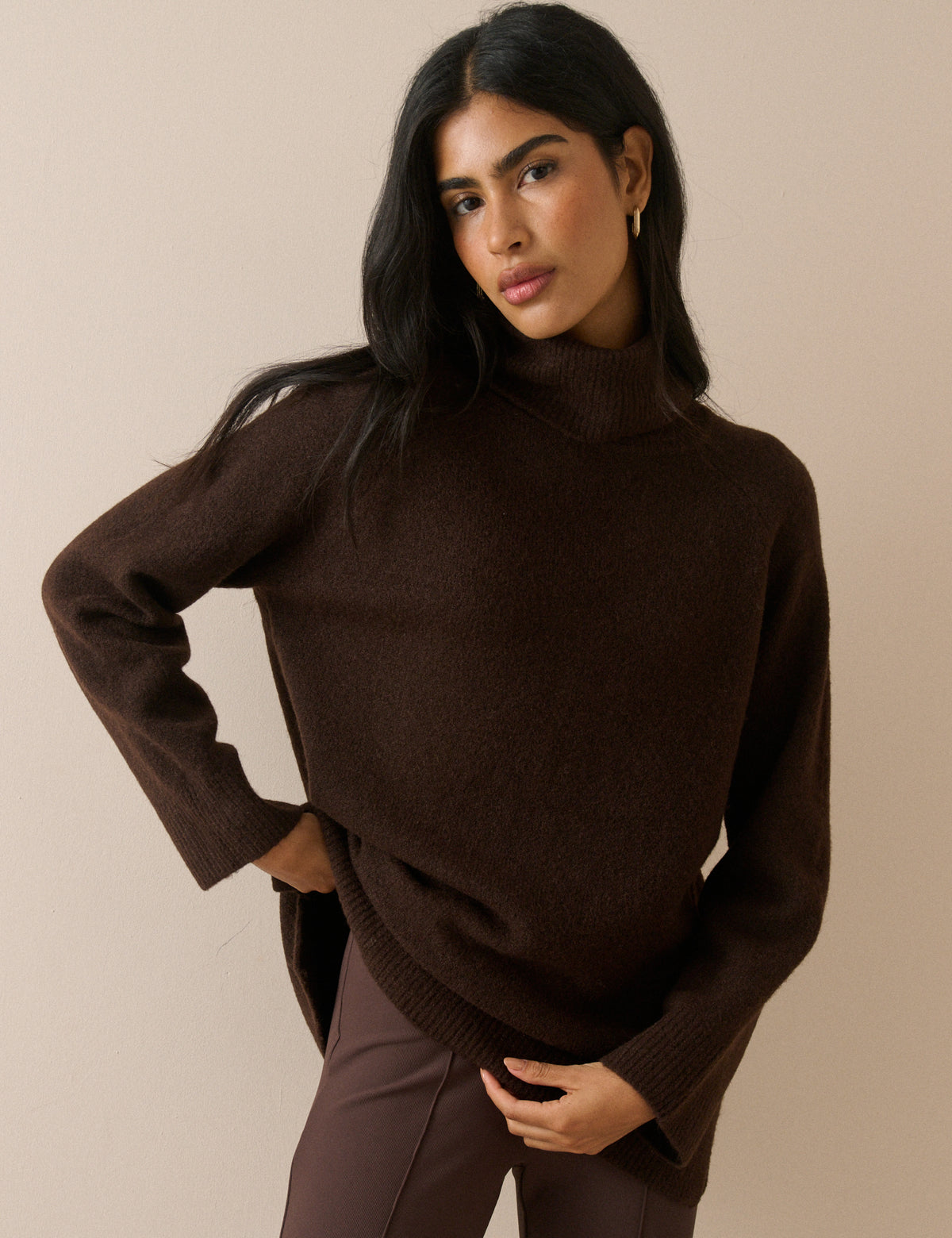 Brown Roll Neck Oversized Jumper