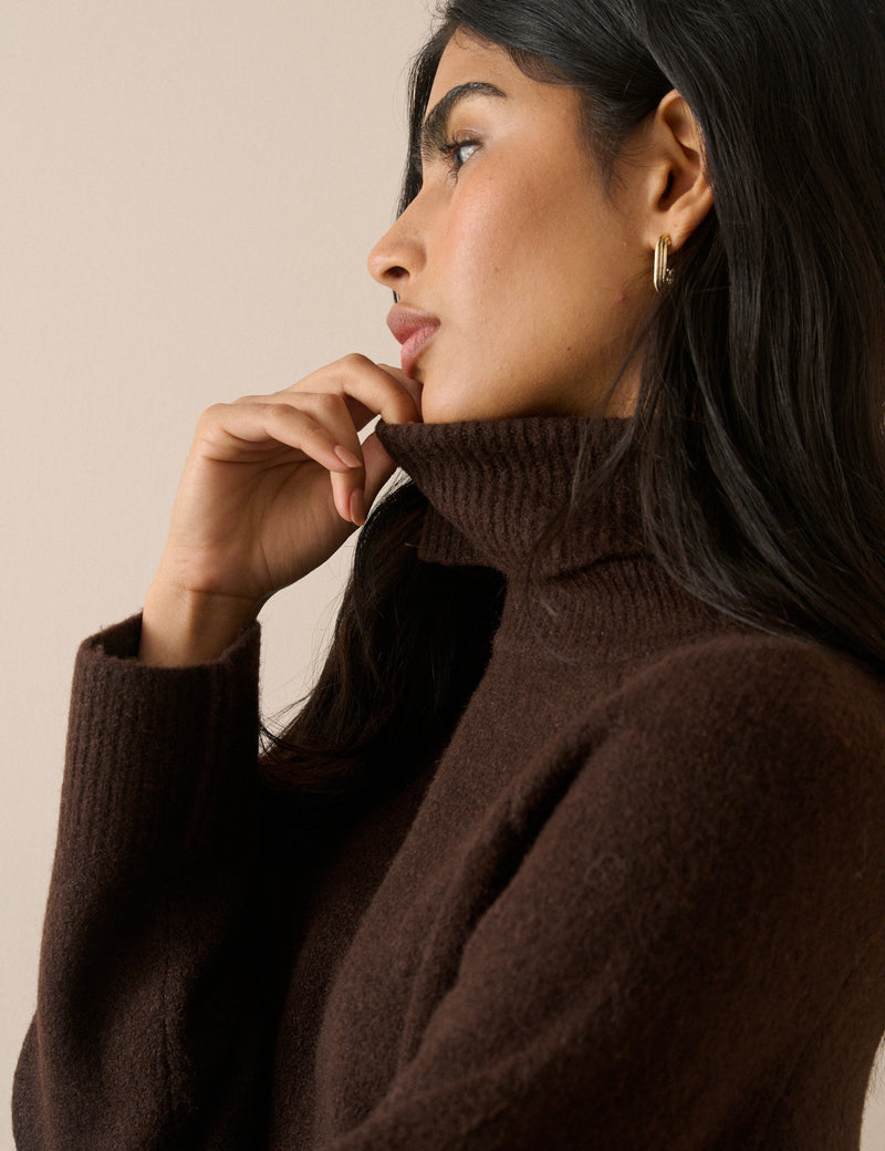 Brown Roll Neck Oversized Jumper