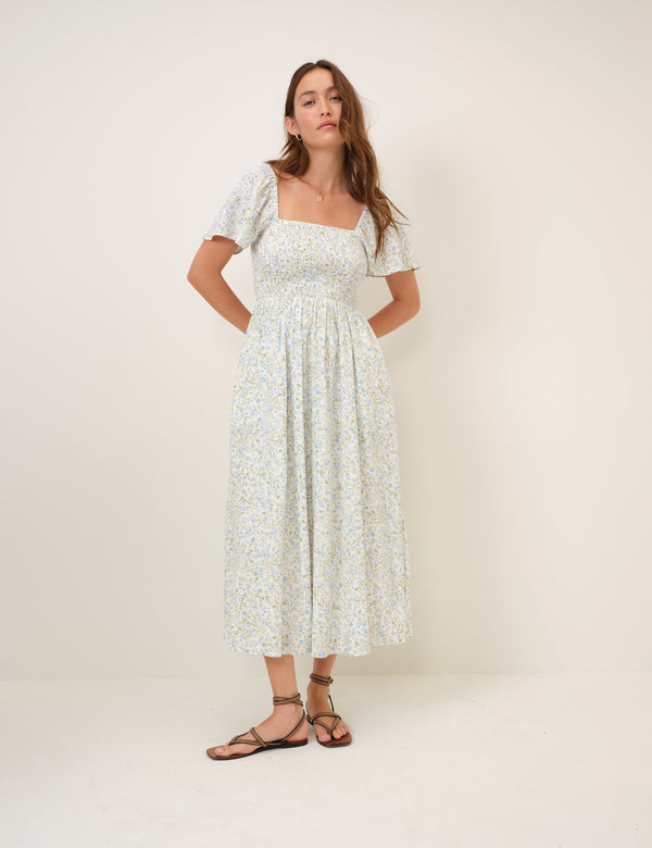 Blue Floral Shirred Bella Midi Dress