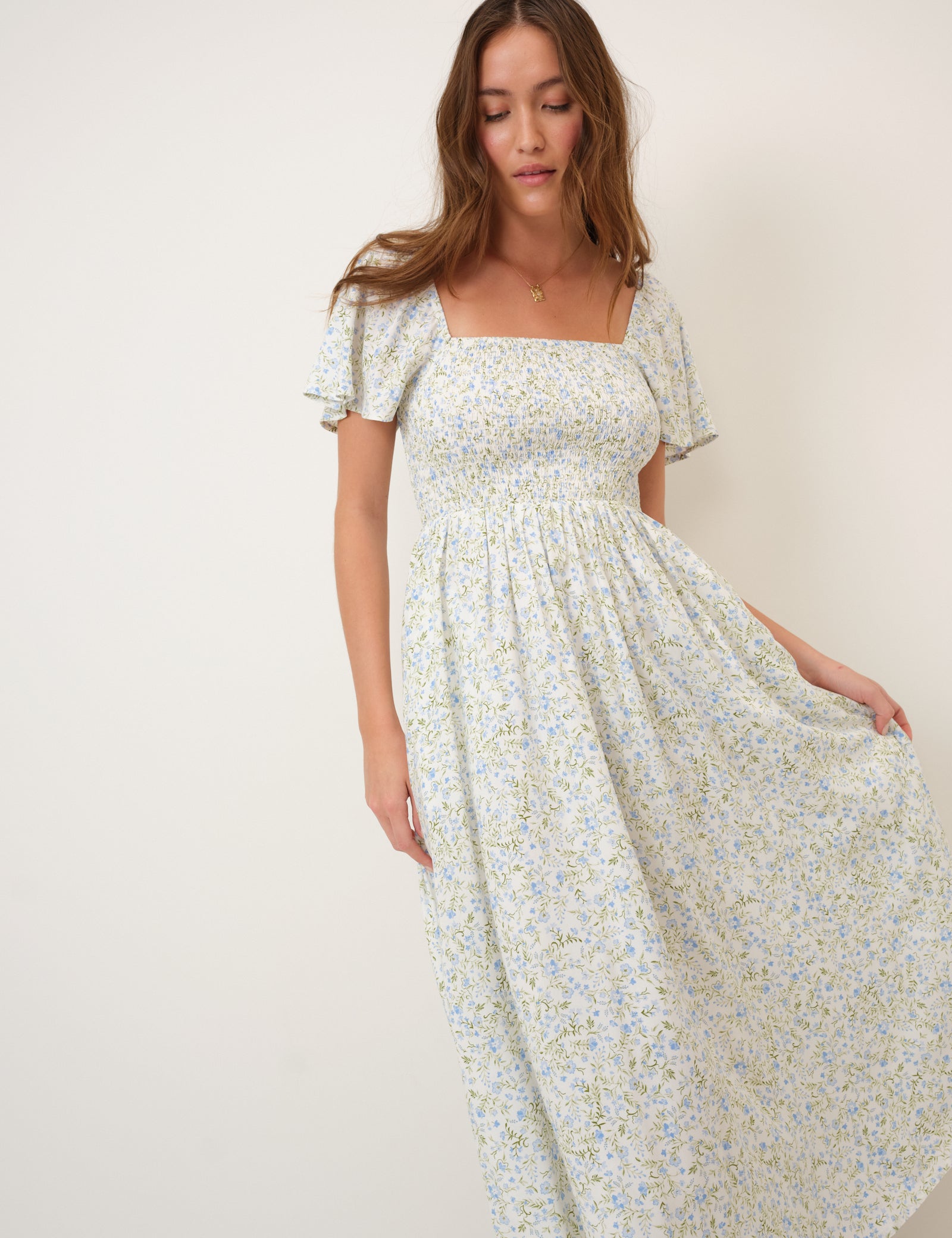 Blue Floral Shirred Bella Midi Dress
