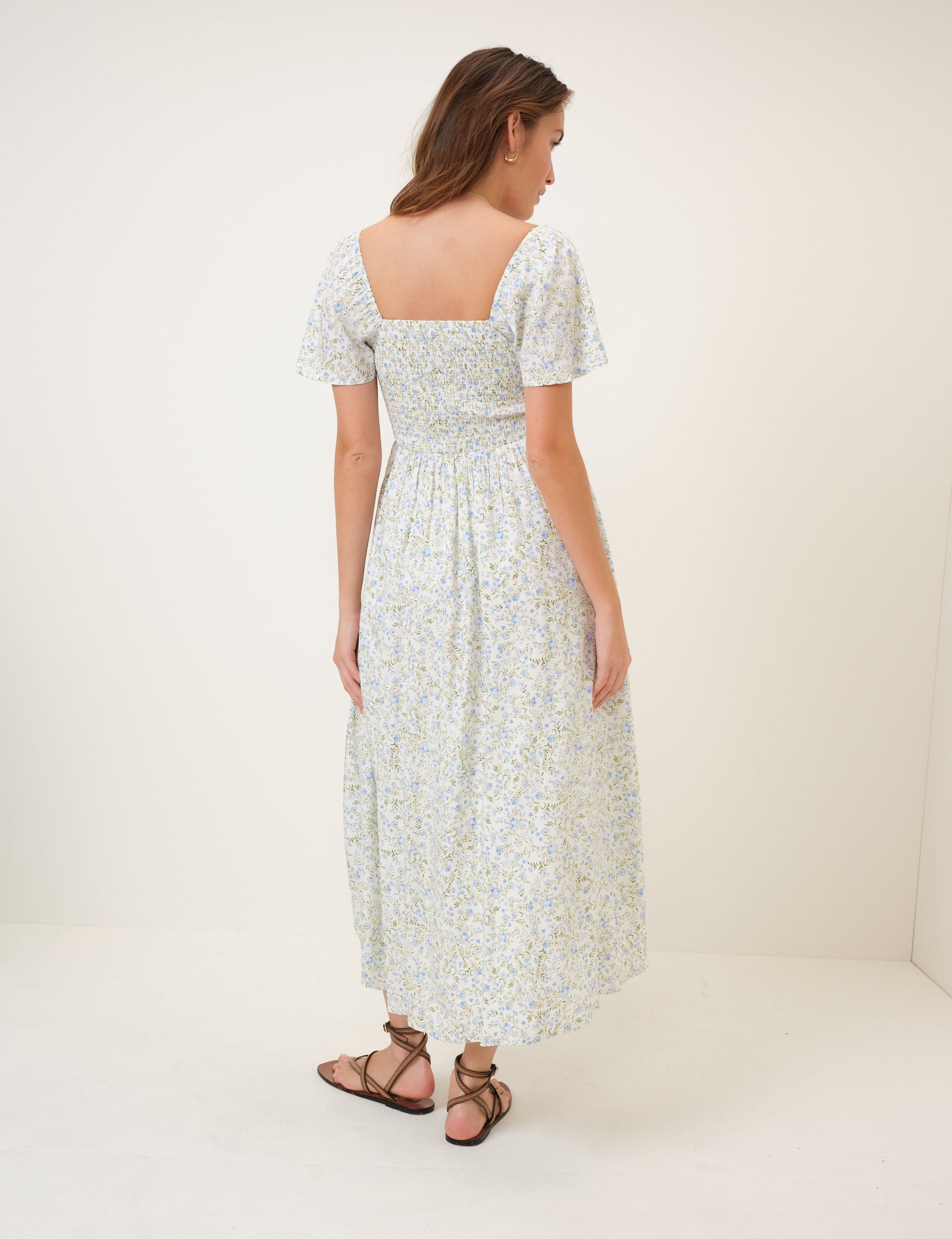 Blue Floral Shirred Bella Midi Dress