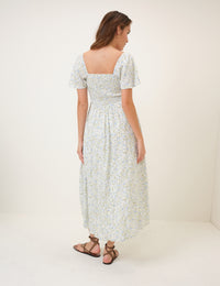 Blue Floral Shirred Bella Midi Dress