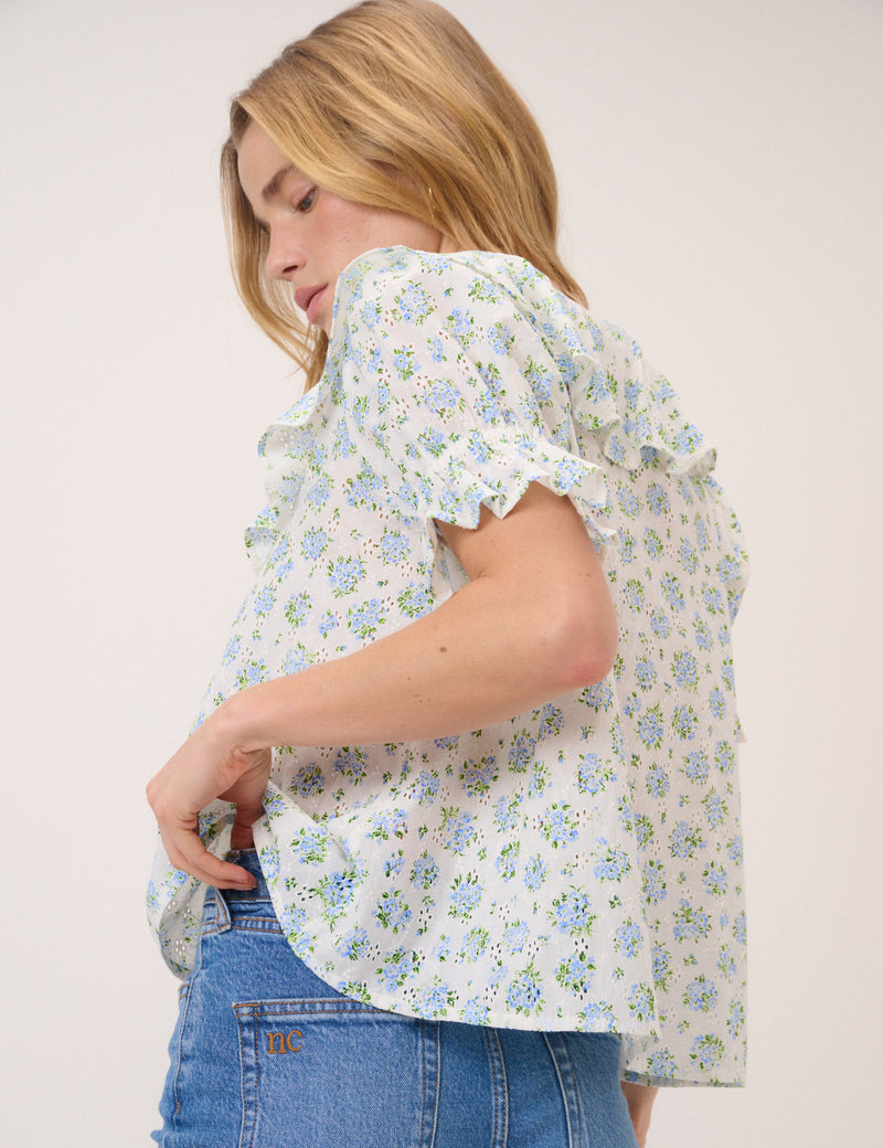 White Floral Ruffle Trim Top