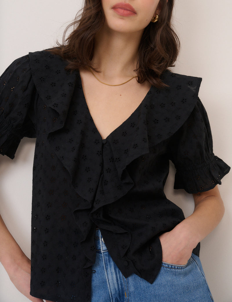 Black Embroidered Ruffle Trim Top